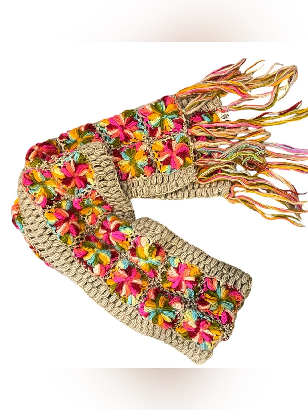 NIRVANNA Designs Multicolor Crochet Floral Fringe Scarf - Beige Base